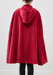 Women Red Hooded Chinese Button Warm Fleece Coats Cloak Sleeves