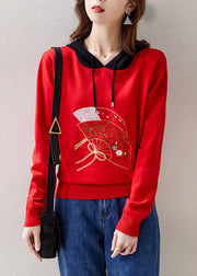 Women Red Hooded Embroidered Patchwork Knit Top Fall