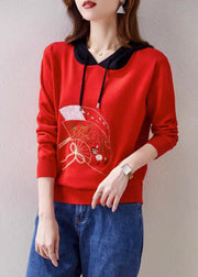 Women Red Hooded Embroidered Patchwork Knit Top Fall