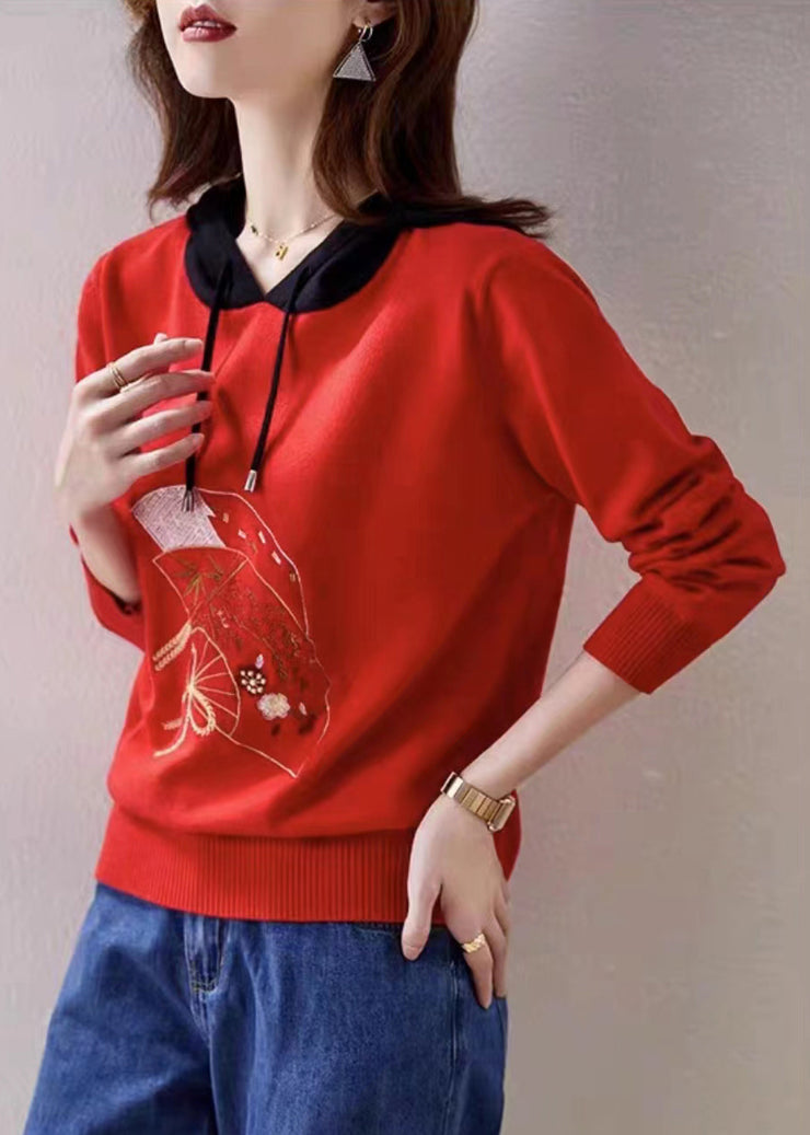 Women Red Hooded Embroidered Patchwork Knit Top Fall