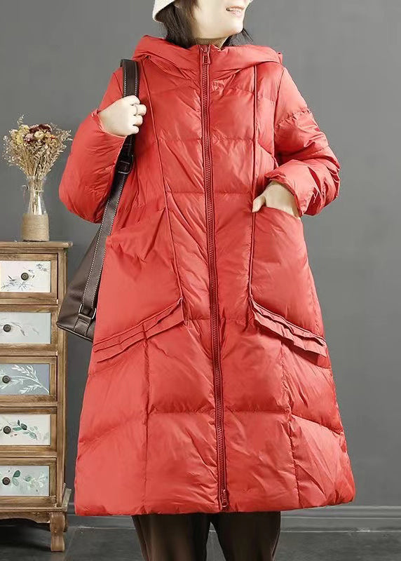 Women Red Hooded Pockets Zippered Patchwork Duck Down Down Coat Winter