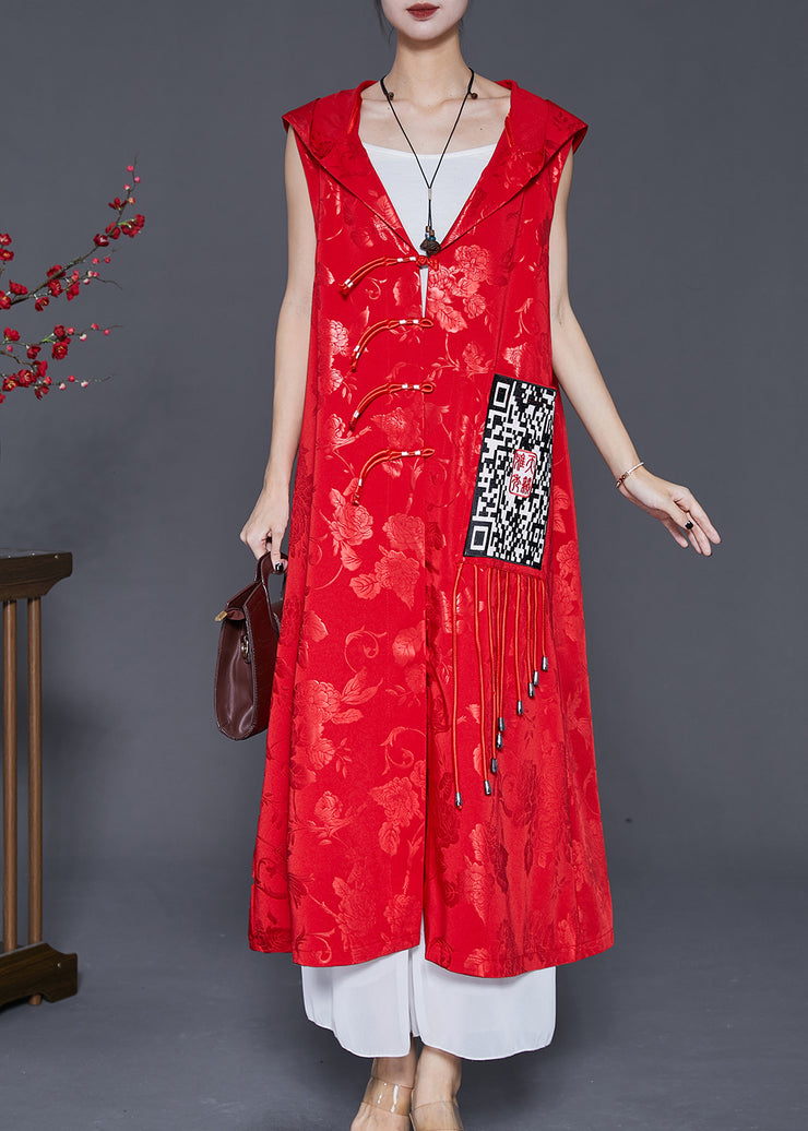 Women Red Jacquard Tasseled Silk Long Vest Fall