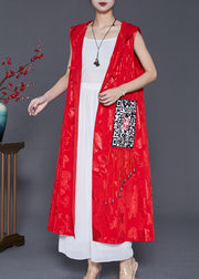 Women Red Jacquard Tasseled Silk Long Vest Fall