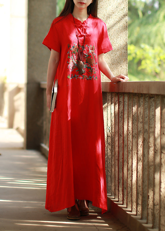 Women Red Mandarin Collar side open Embroideried Long Dress Short Sleeve