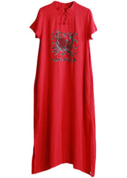 Women Red Mandarin Collar side open Embroideried Long Dress Short Sleeve