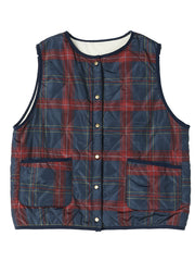 Women Red Navy Plaid Pockets Patchwork Warm Fleece Vest Sleeveless