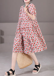 Women Red O-Neck Patchwork Print Cotton A Line Dress Short Sleeve