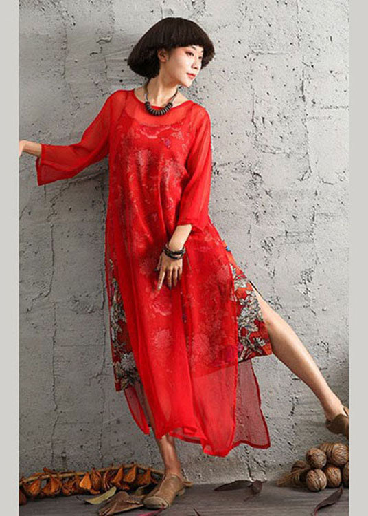 Women Red O-Neck Print Cotton Two Pieces Set Spring