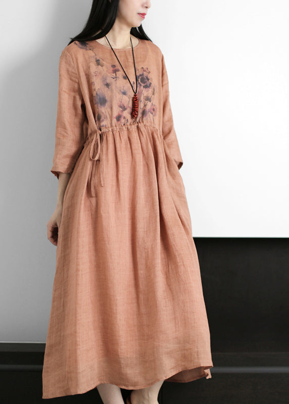 Women Red O-Neck drawstring Print Linen Dresses Long sleeve