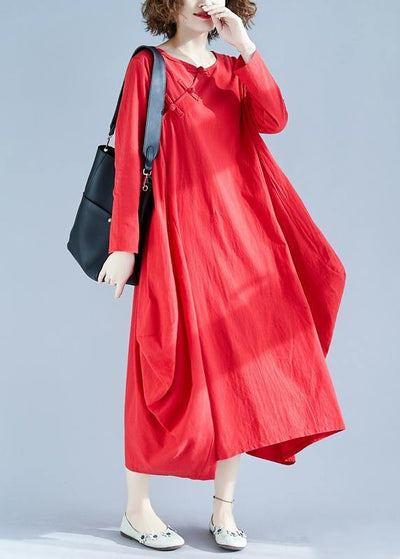 Women Red Outfit O Neck Asymmetric Robes Spring Dress - bagstylebliss
