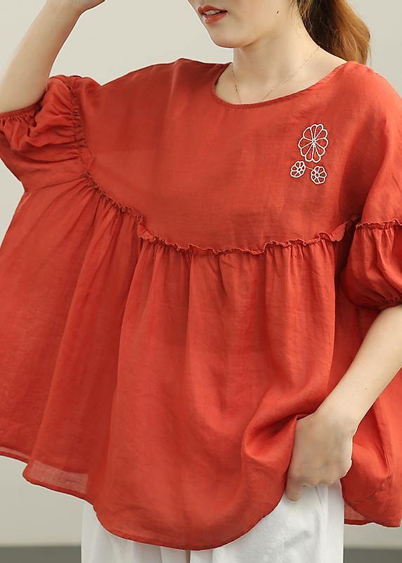 Women Red Patchwork Ruffled Cotton Summer Blouse Top - bagstylebliss