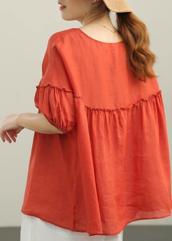 Women Red Patchwork Ruffled Cotton Summer Blouse Top - bagstylebliss