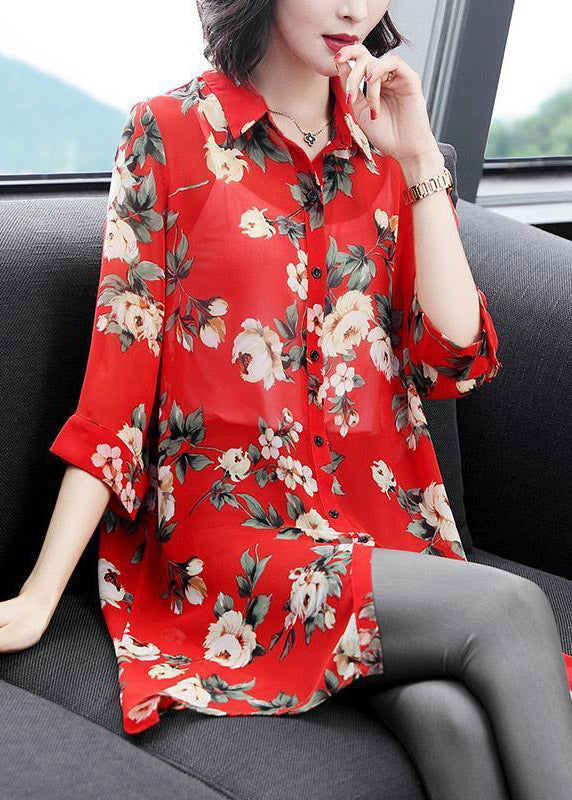 Women Red Peter Pan Collar Button Print Chiffon Shirt Half Sleeve