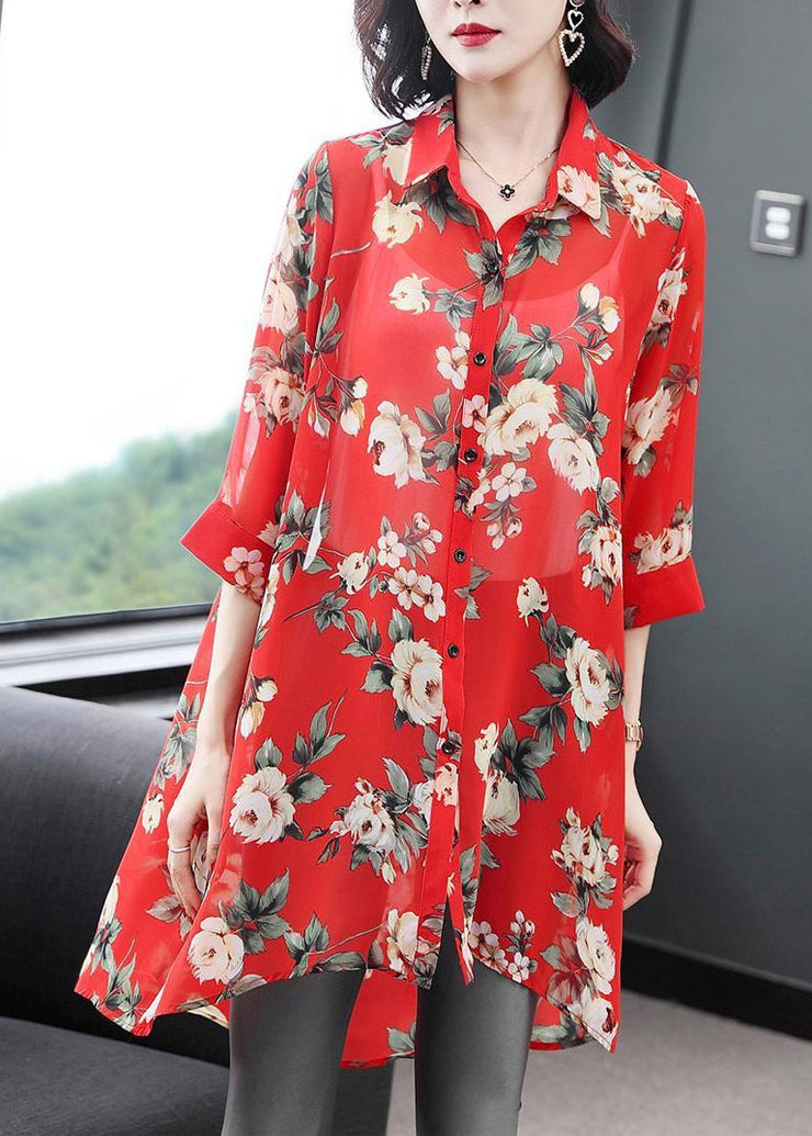 Women Red Peter Pan Collar Button Print Chiffon Shirt Half Sleeve