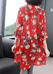 Women Red Peter Pan Collar Button Print Chiffon Shirt Half Sleeve