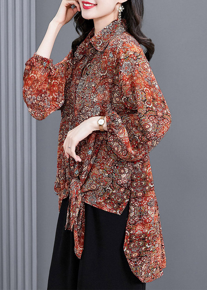 Women Red Peter Pan Collar Button Print Side Open Chiffon Shirt Tops Long sleeve