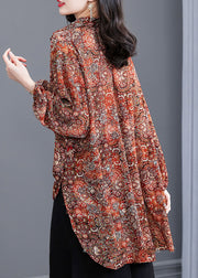 Women Red Peter Pan Collar Button Print Side Open Chiffon Shirt Tops Long sleeve