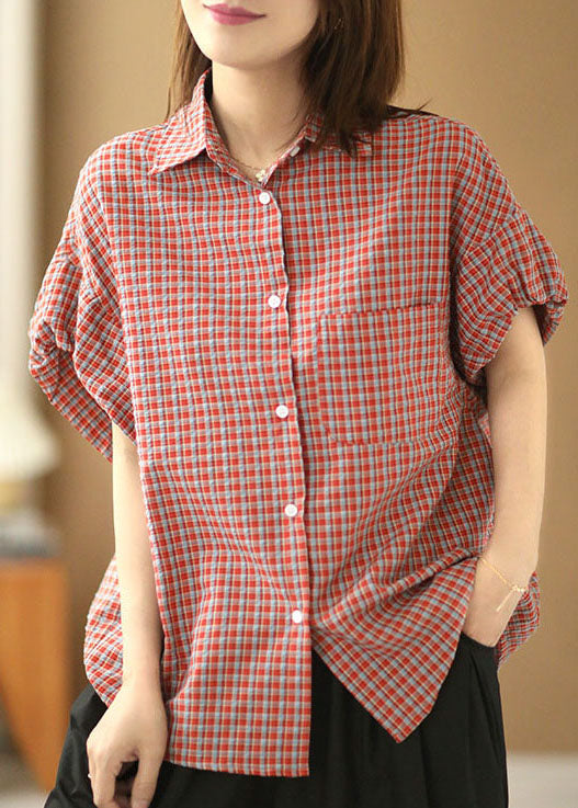 Women Red Peter Pan Collar Plaid Button Cotton Shirts Lantern Sleeve