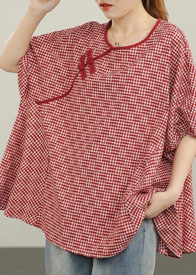 Women Red Plaid Batwing Sleeve Cotton Summer Blouses - bagstylebliss