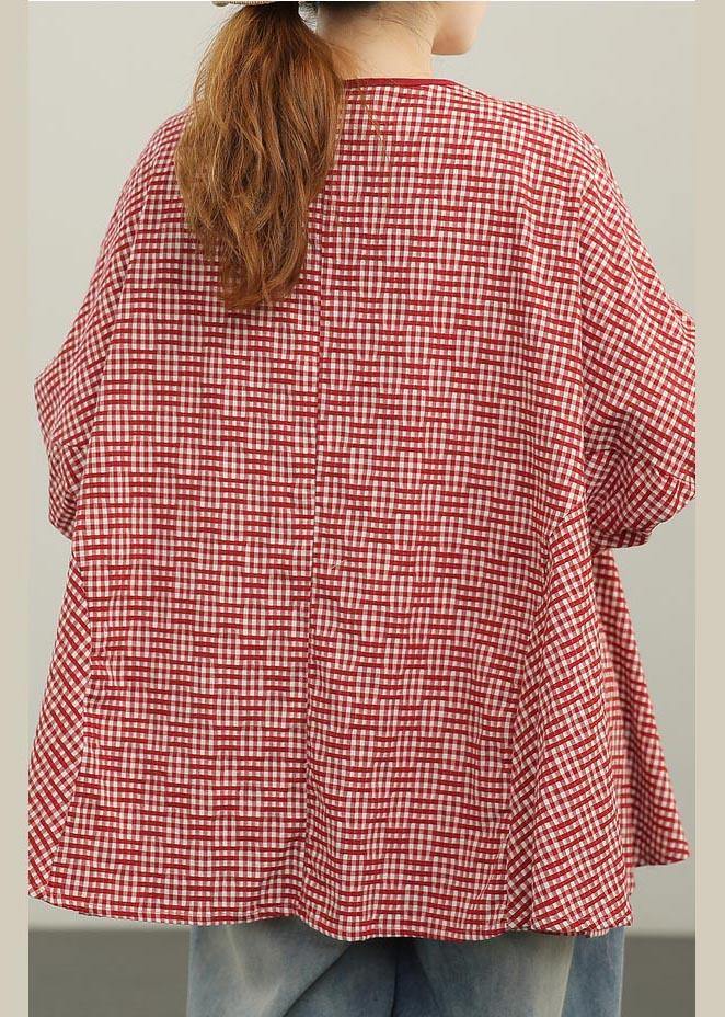 Women Red Plaid Batwing Sleeve Cotton Summer Blouses - bagstylebliss