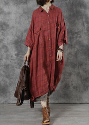 Women Red Plaid Pockets Patchwork Fall Three Quarter Sleeve Dresses - bagstylebliss