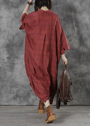 Women Red Plaid Pockets Patchwork Fall Three Quarter Sleeve Dresses - bagstylebliss