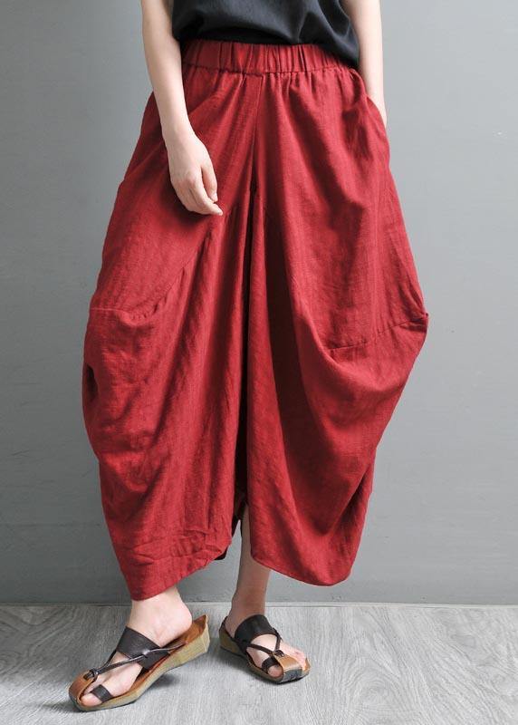 Women Red Pockets Cotton Linen Big crotch pants Summer Pants - bagstylebliss