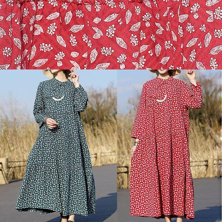 Women Red Print Clothes For Women Stand Collar Patchwork Dresses Spring Dresses - bagstylebliss