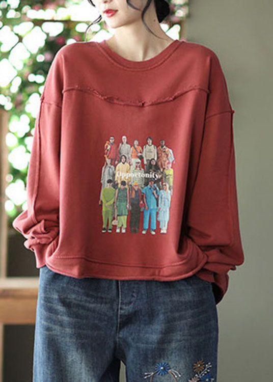 Frauen Roter Druck Baumwolle Lose Sweatshirts Top Frühling