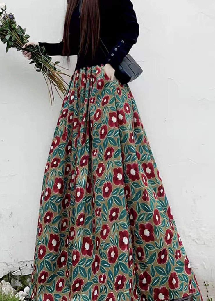 Women Red Print High Waist Pockets Patchwork Cotton Maxi Skirts Fall