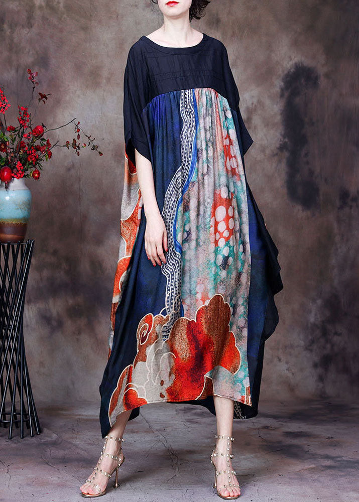 Women Red Print O-Neck Patchwork Silk Loose Long Dress Batwing Sleeve