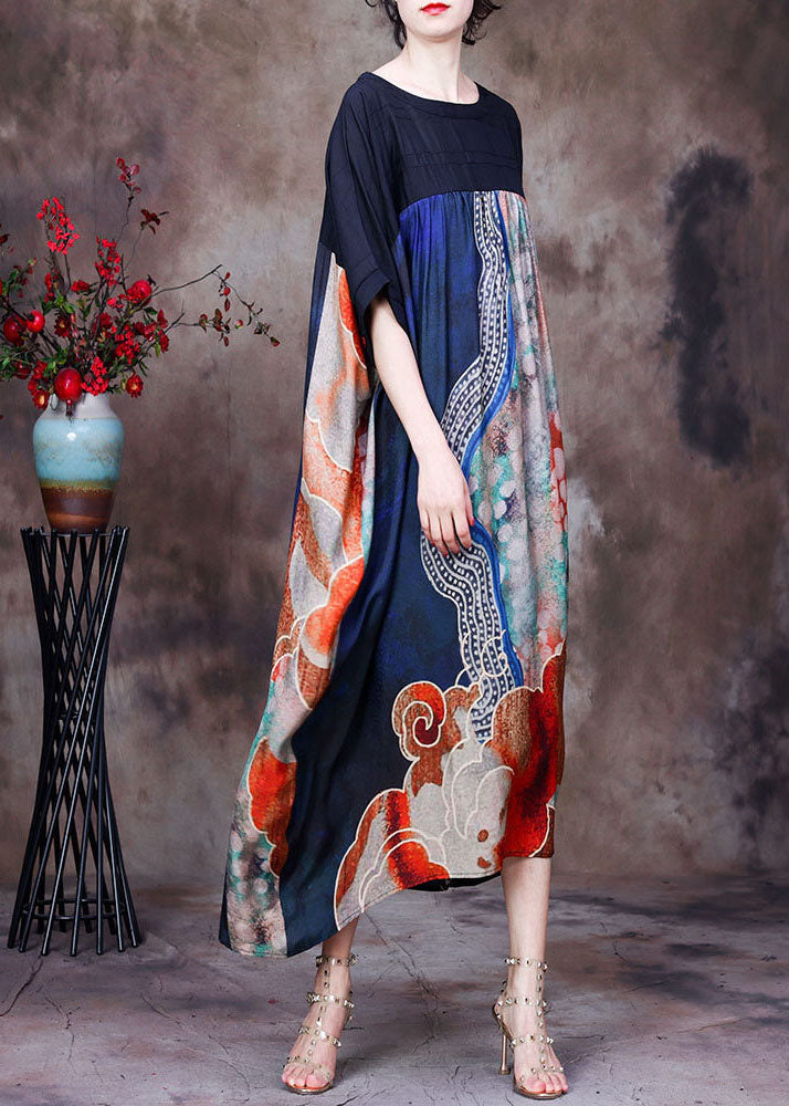 Women Red Print O-Neck Patchwork Silk Loose Long Dress Batwing Sleeve