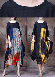 Women Red Print O-Neck Patchwork Silk Loose Long Dress Batwing Sleeve