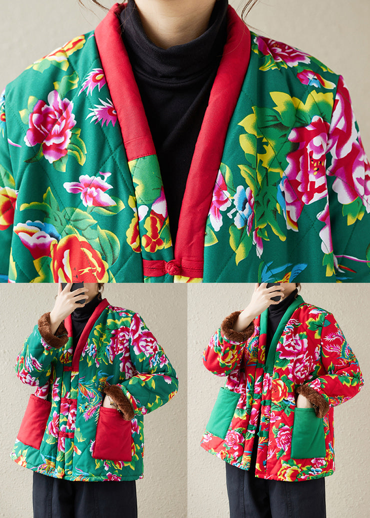 Women Red Print Pockets Patchwork Warm Fleece Parka Winter