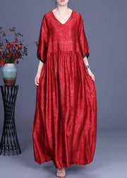 Women Red Print Silk Half Sleeve Summer Dresses - bagstylebliss