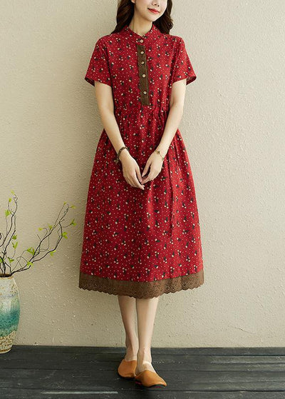 Women Red Print stand collar Robe Summer Cotton Dress - bagstylebliss