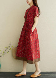Women Red Print stand collar Robe Summer Cotton Dress - bagstylebliss