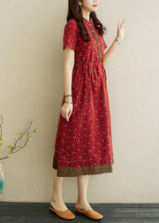 Women Red Print stand collar Robe Summer Cotton Dress - bagstylebliss