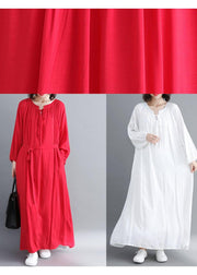 Women Red Quilting Dresses O Neck large hem Long Spring Dresses - bagstylebliss