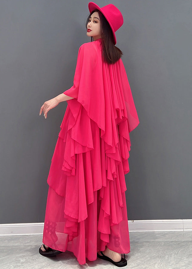 Damen Rot Stehkragen Asymmetrisches Design Extra großer Saum Chiffon Strandkleid Kurzarm