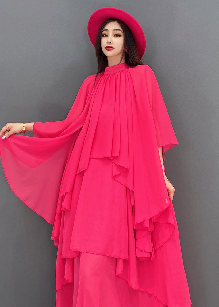 Damen Rot Stehkragen Asymmetrisches Design Extra großer Saum Chiffon Strandkleid Kurzarm