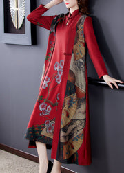 Women Red Stand Collar Chinese Button Silk Chinese Style Two Pieces Set Spring