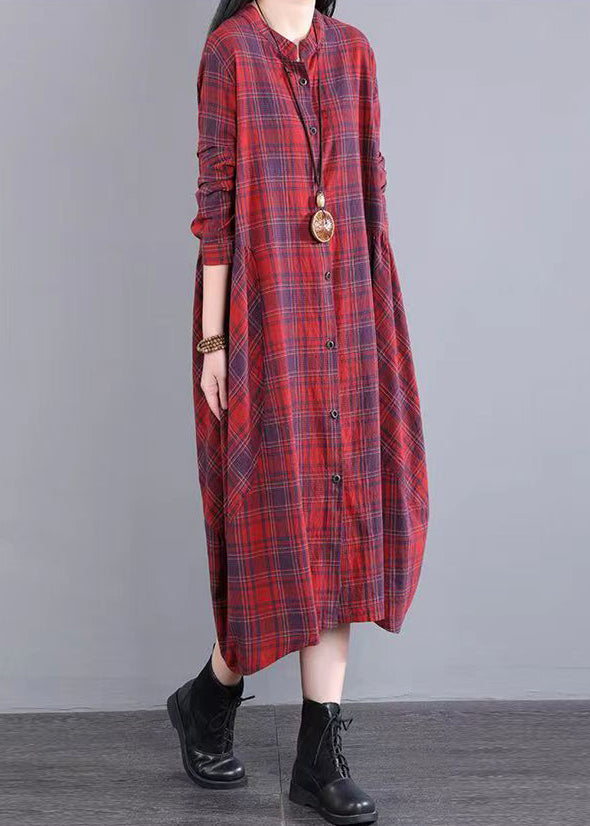 Women Red Stand Collar Plaid Cotton Shirts Dresses Fall