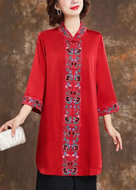 Women Red Stand Collar Silk Shirts Bracelet Sleeve