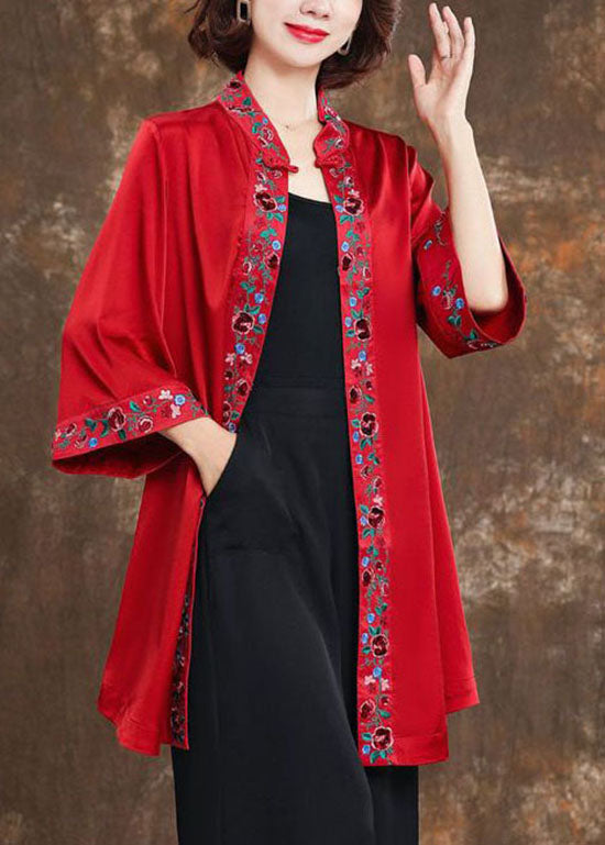 Women Red Stand Collar Silk Shirts Bracelet Sleeve