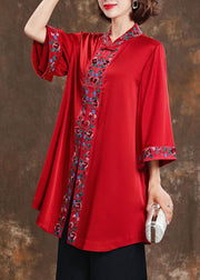 Women Red Stand Collar Silk Shirts Bracelet Sleeve