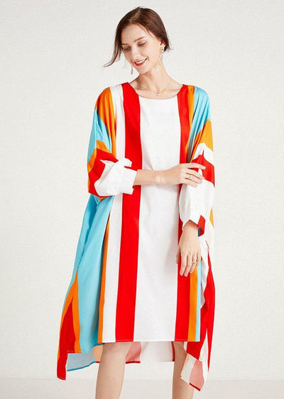 Women Red Striped O-Neck Asymmetrical Design Summer Long Dress Sleeve - bagstylebliss