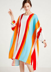 Women Red Striped O-Neck Asymmetrical Design Summer Long Dress Sleeve - bagstylebliss