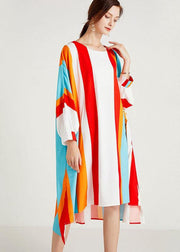 Women Red Striped O-Neck Asymmetrical Design Summer Long Dress Sleeve - bagstylebliss