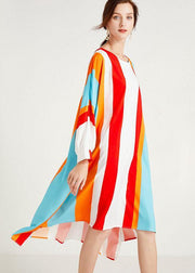 Women Red Striped O-Neck Asymmetrical Design Summer Long Dress Sleeve - bagstylebliss